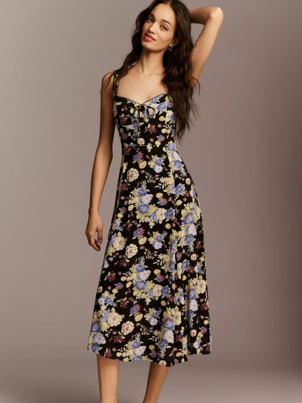 NWT Maeve Sweetheart Printed Floral Black Midi Dress - Size 8
